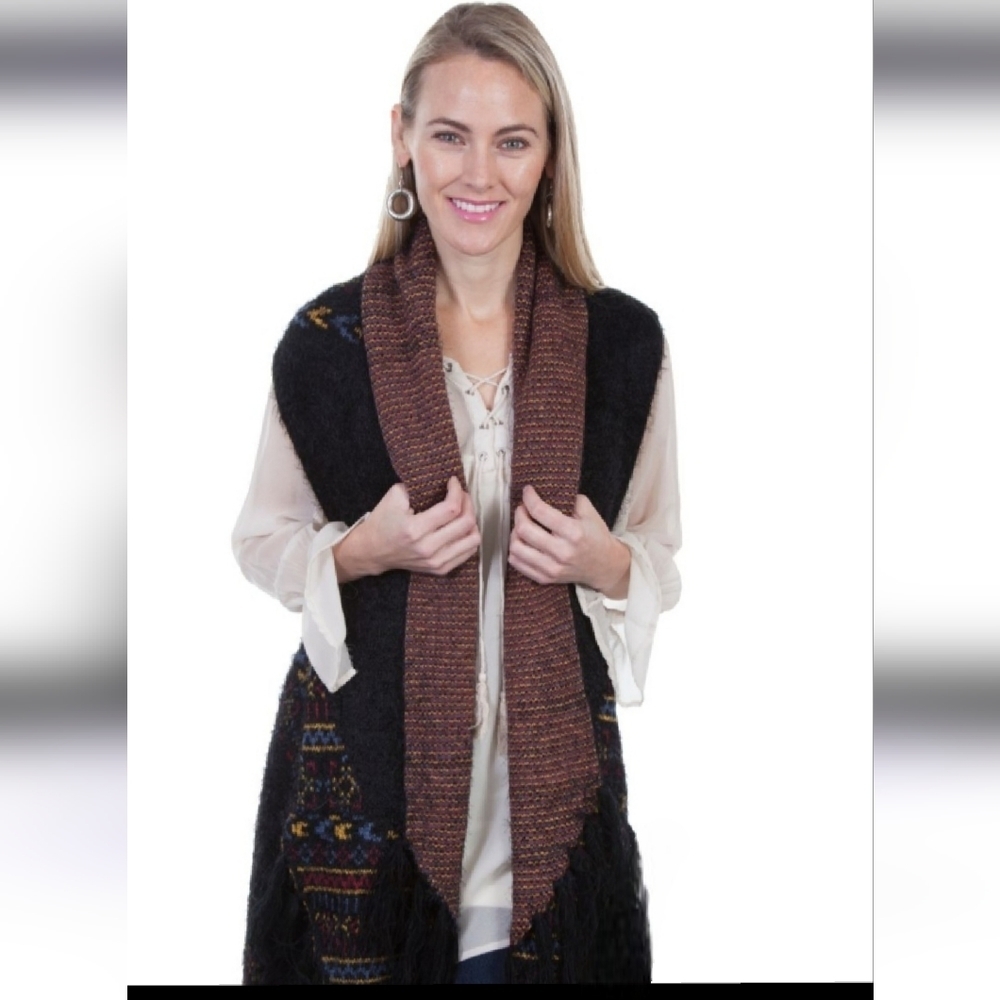 Sleeveless cardigan cascading‎ open front with a colorful design size M 100% acr